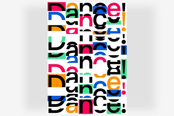 Werbeplakat mit farbigen Buchstaben, die zu dance geformt werden